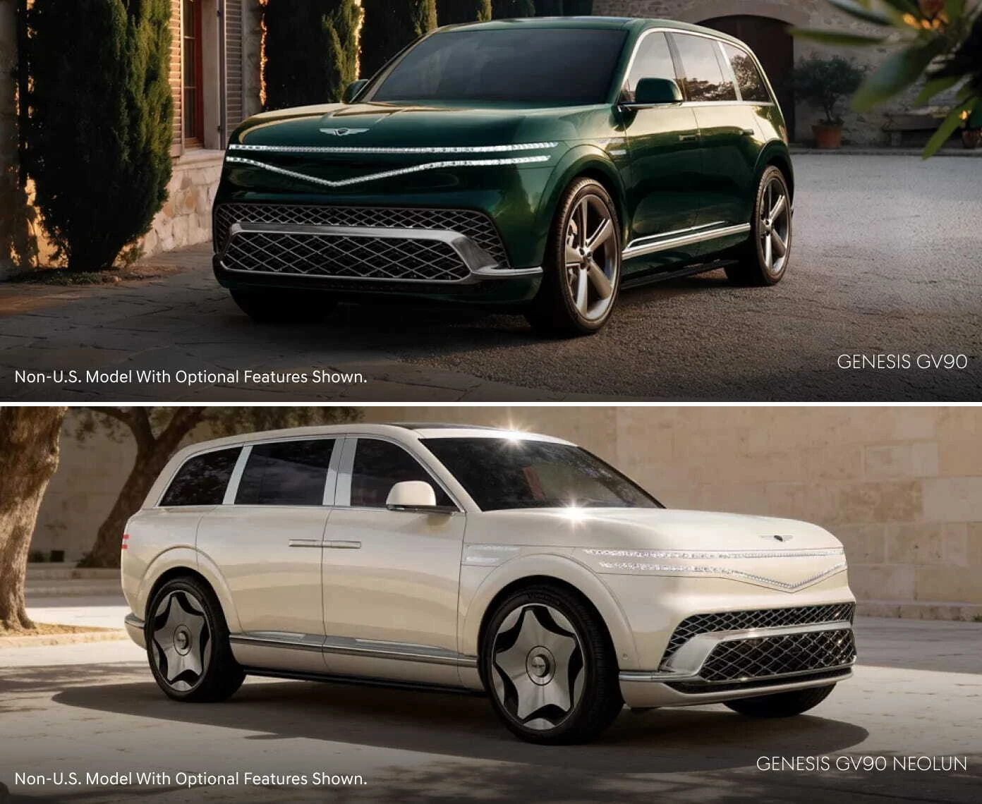 Green Genesis GV90 and white Genesis GV90 Neolun shown from front three-quarter angles