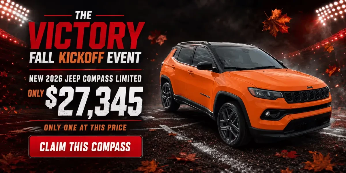 Promotional banner for the Victory Fall Kickoff Event: an orange 2026 Jeep Compass Limited on a stadium football field, priced at $27,345 with only one unit available at that price