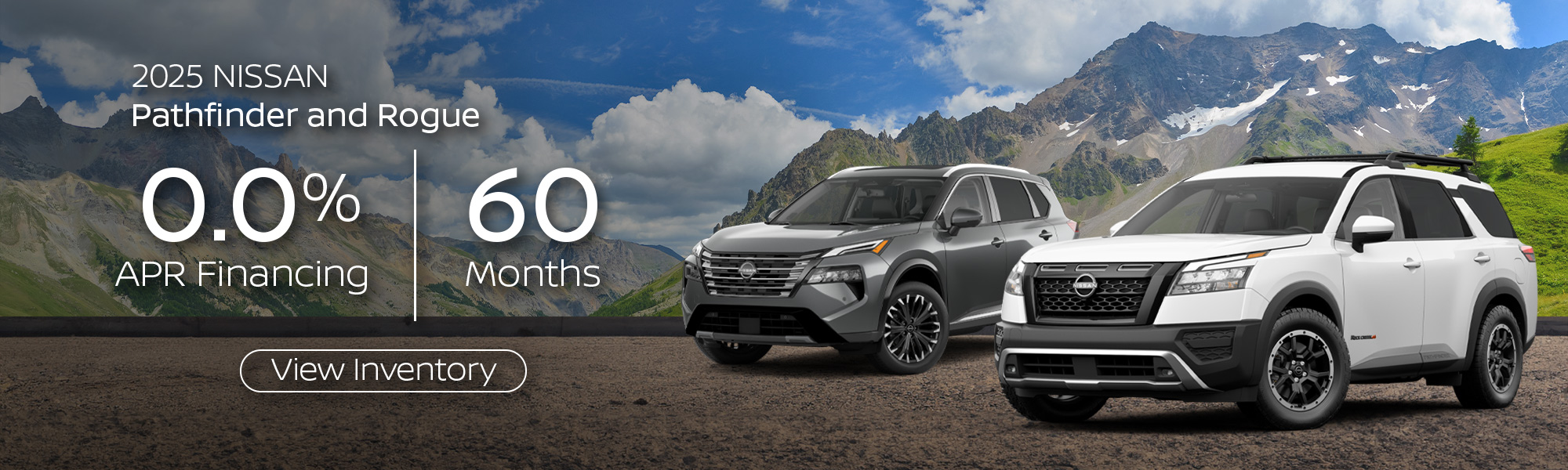 2025 Nissan Pathfinder and Rogue parked in front of mountain landscape promoting 0.0% APR financing for 60 months at Boulder Nissan