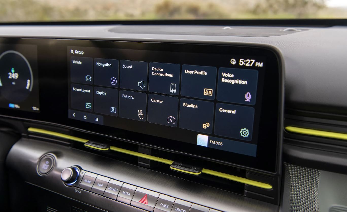 Close-up view of the 2024 Hyundai Kona's advanced infotainment system featuring a high-resolution touchscreen display.