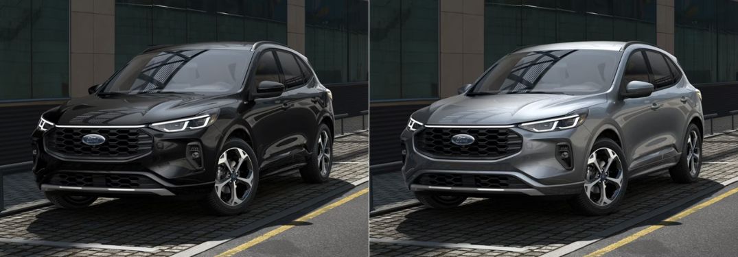 Agate Black Metallic and Iconic Silver Metallic 2024 Ford Escape Models on a City Street