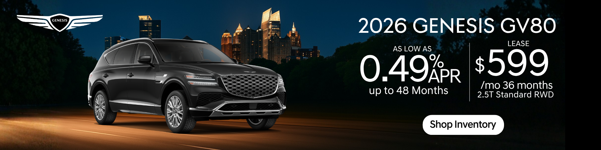 2026 Genesis GV80 driving on a road with promotional text offering 0.49% APR financing for up to 48 months on 3.5T trims and a Shop Inventory call to action.