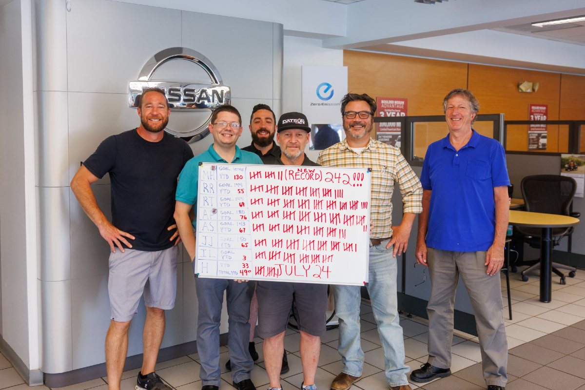 Boulder Nissan Sales Team Record LEAF S July 2024 Tally Mark Board