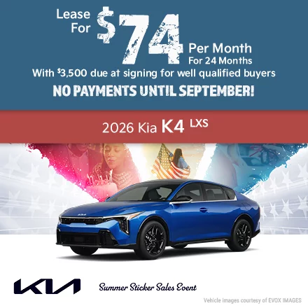 2026 Kia K4 LXS Lease for $74 per month for 24 months with $3,500 due at signing for well qualified buyers