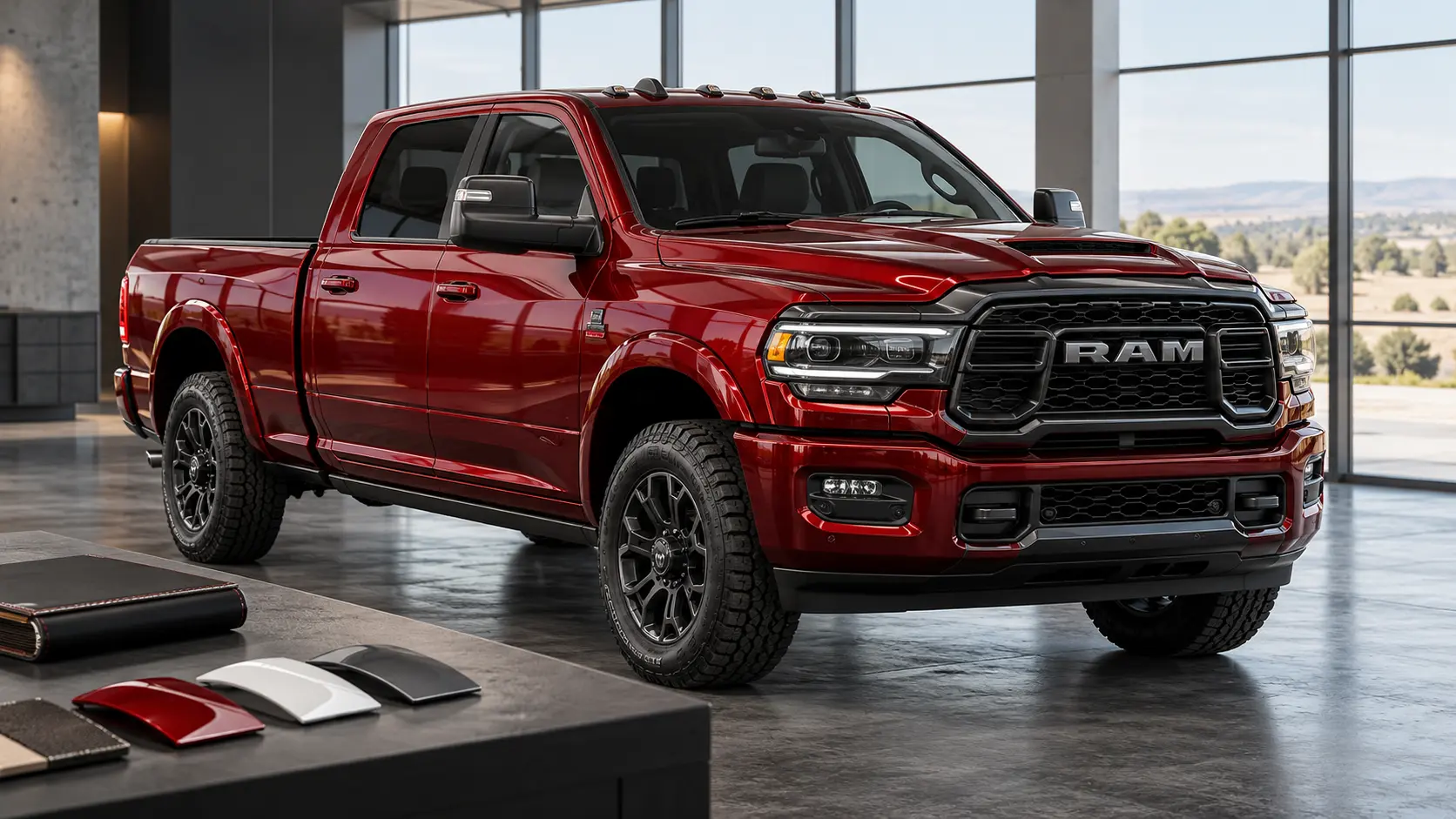 Concept illustration of a red RAM truck with paint and interior samples