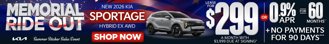 NEW 2026 Kia Sportage Hybrid EX AWD	"LEASE FOR $299/MO with $3,999 due at signing* OR 0.9% APR for 60 months** PLUS, NO PAYMENTS FOR 90 DAYS***"