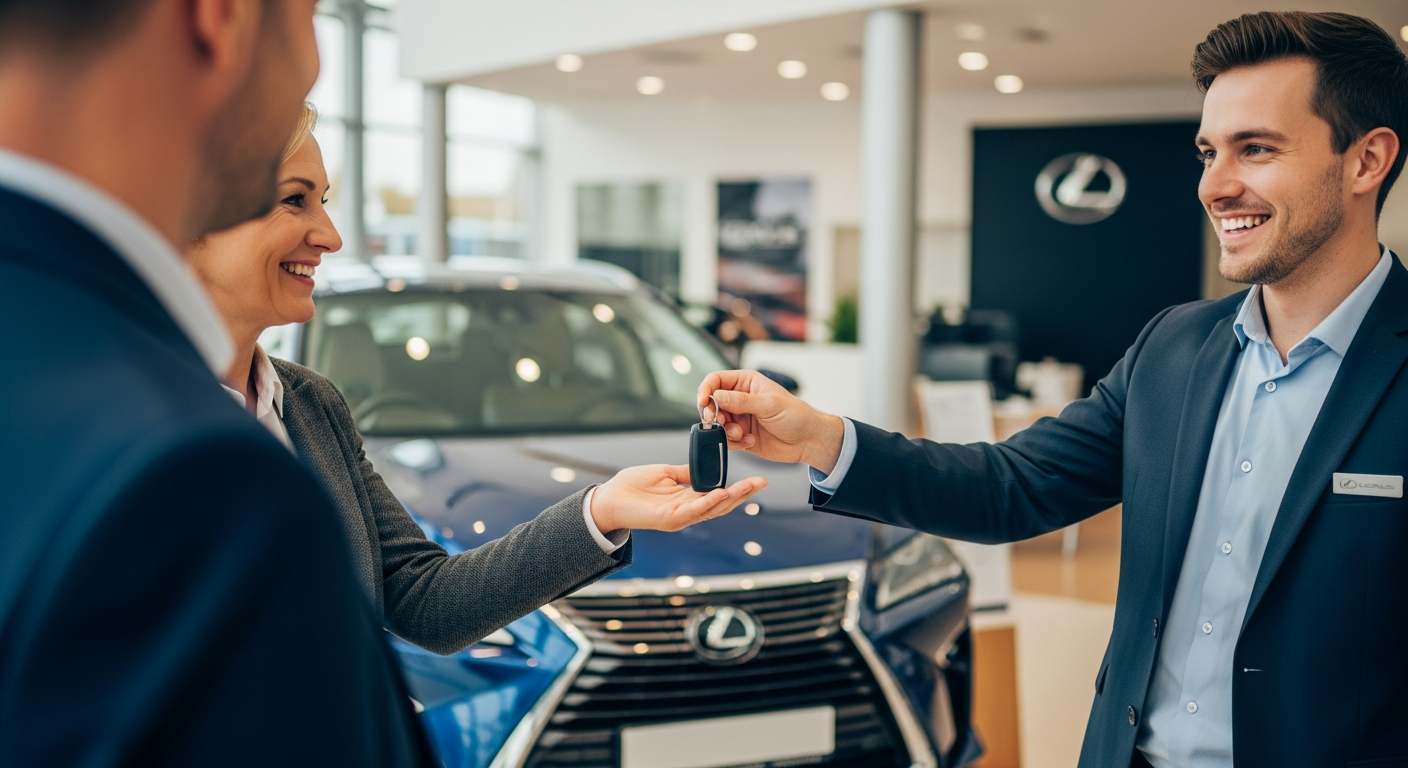 Happy customers receiving keys to a new Lexus RX at a Lexus dealership