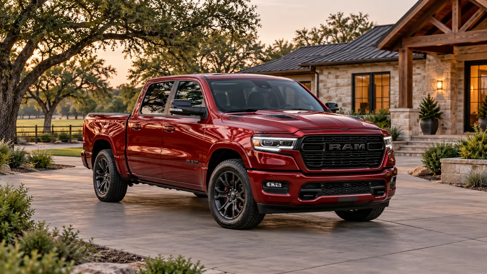 Concept illustration of a red RAM truck delivered to a home