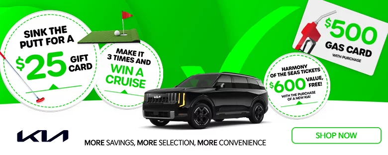 Sink The Putt For A $25 Gift Card. Make it 3 times and win a cruise. $500 Gas Card with purchase. Harmony of The Seas Tickets. $600 Value Free, with the purchase of a new car. More savings, more selection, more convenience. Shop now.