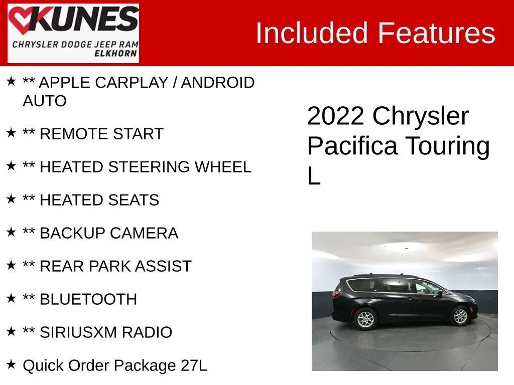 Used 2022 Chrysler Pacifica Touring L with VIN 2C4RC1BG1NR167690 for sale in Elkhorn, WI