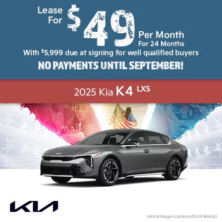 2025 Kia K4 LXS   Lease for $49 per month for 24 months with $5,999 due at signing for well qualified buyers
