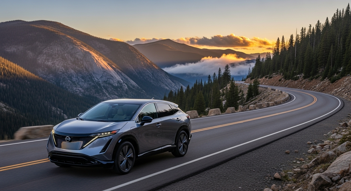 Lifestyle photo of a 2025 Nissan ARIYA electric SUV driving along a scenic Colorado mountain road at dawn, showcasing its sleek crossover profile, LED lighting, and zero-emission confidence.