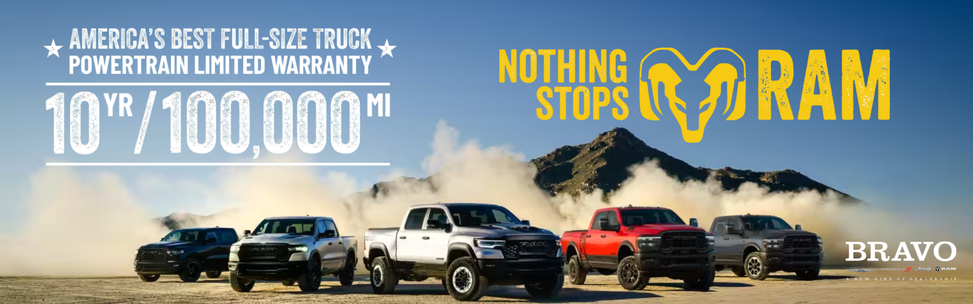 Nothing Stops Ram: America's best full-size truck powertrain limited warranty, 10 years or 100,000 miles