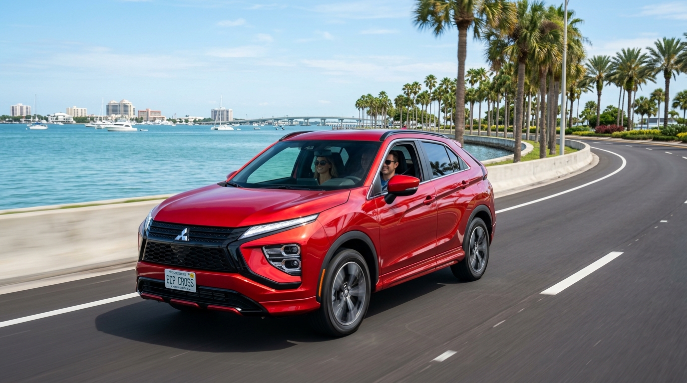 Red Mitsubishi Eclipse Cross driving along a scenic coastal road with palm trees. (Representative image for illustration purposes only. Actual vehicle may vary based on trim and configuration.)