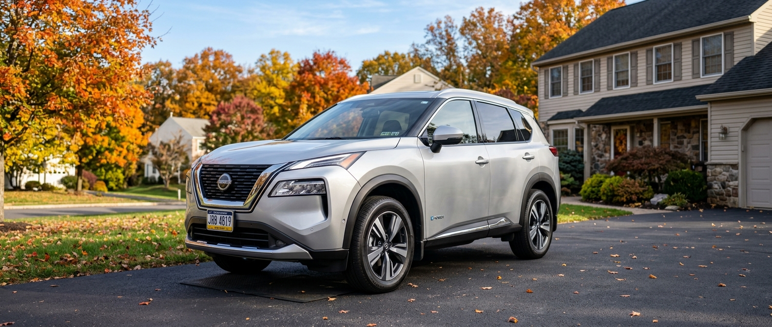 2026 Nissan Rogue Plug-In Hybrid parked in a suburban Bucks County driveway on an autumn morning