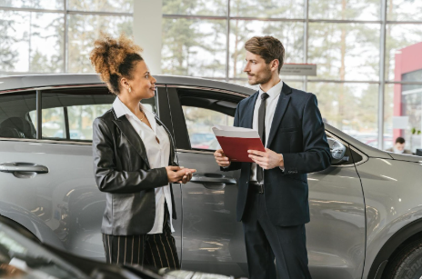 Man and woman negotiating a vehicle trade in value at a local car dealership.