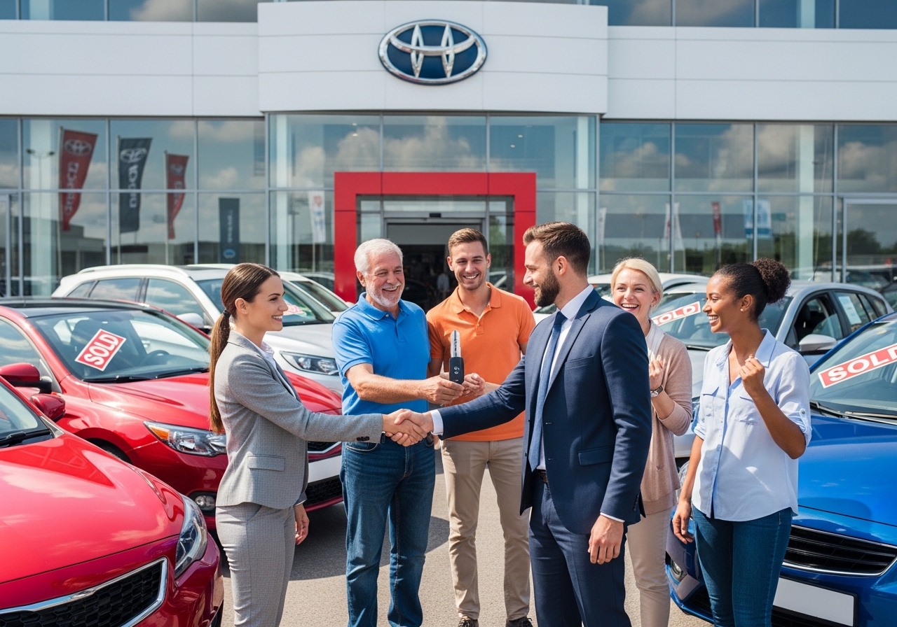 Happy customer leaving dealership with paperwork complete