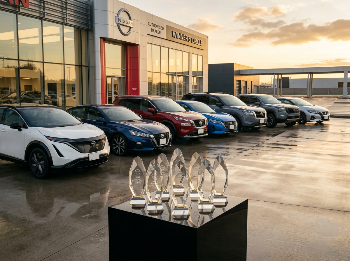 Award-winning Nissan vehicles lined up at a dealership, showcasing their 2026 trophies and accolades.