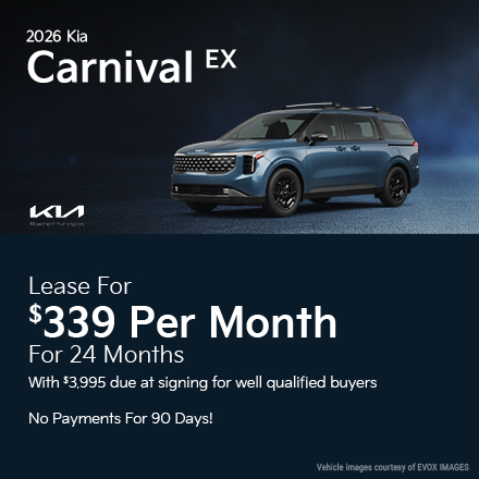 2026 Kia Carnival EX Lease for $339 per month for 24 months with $3,995 due at signing for well qualified buyers 