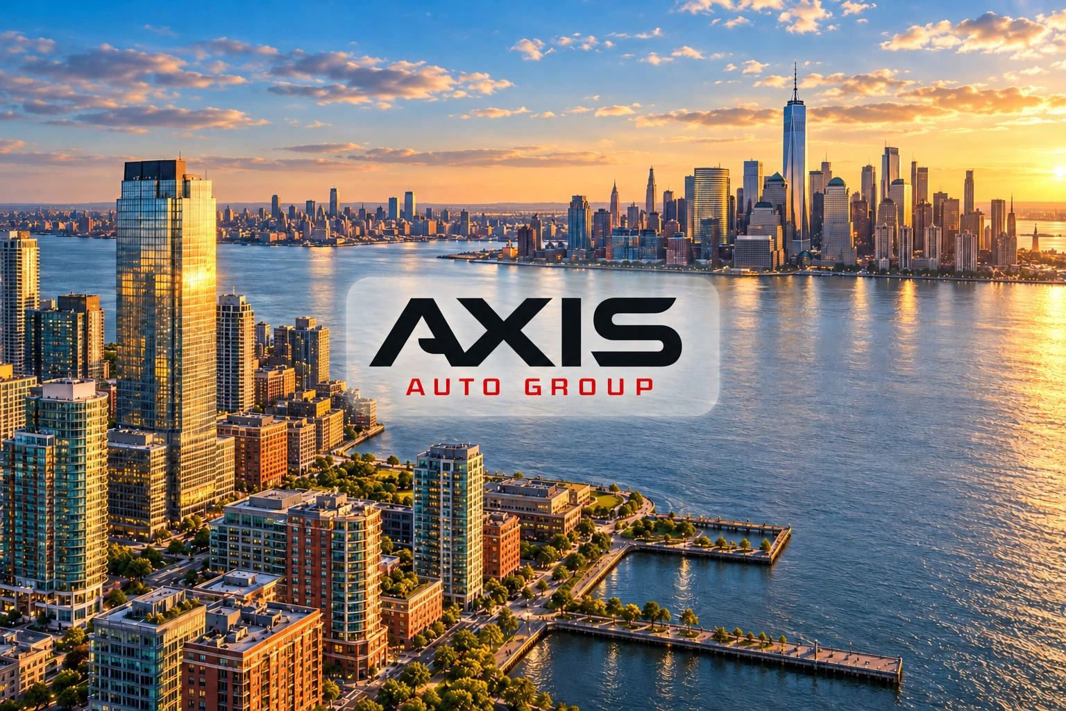 Axis Auto Group logo over Jersey City and the New York City skyline