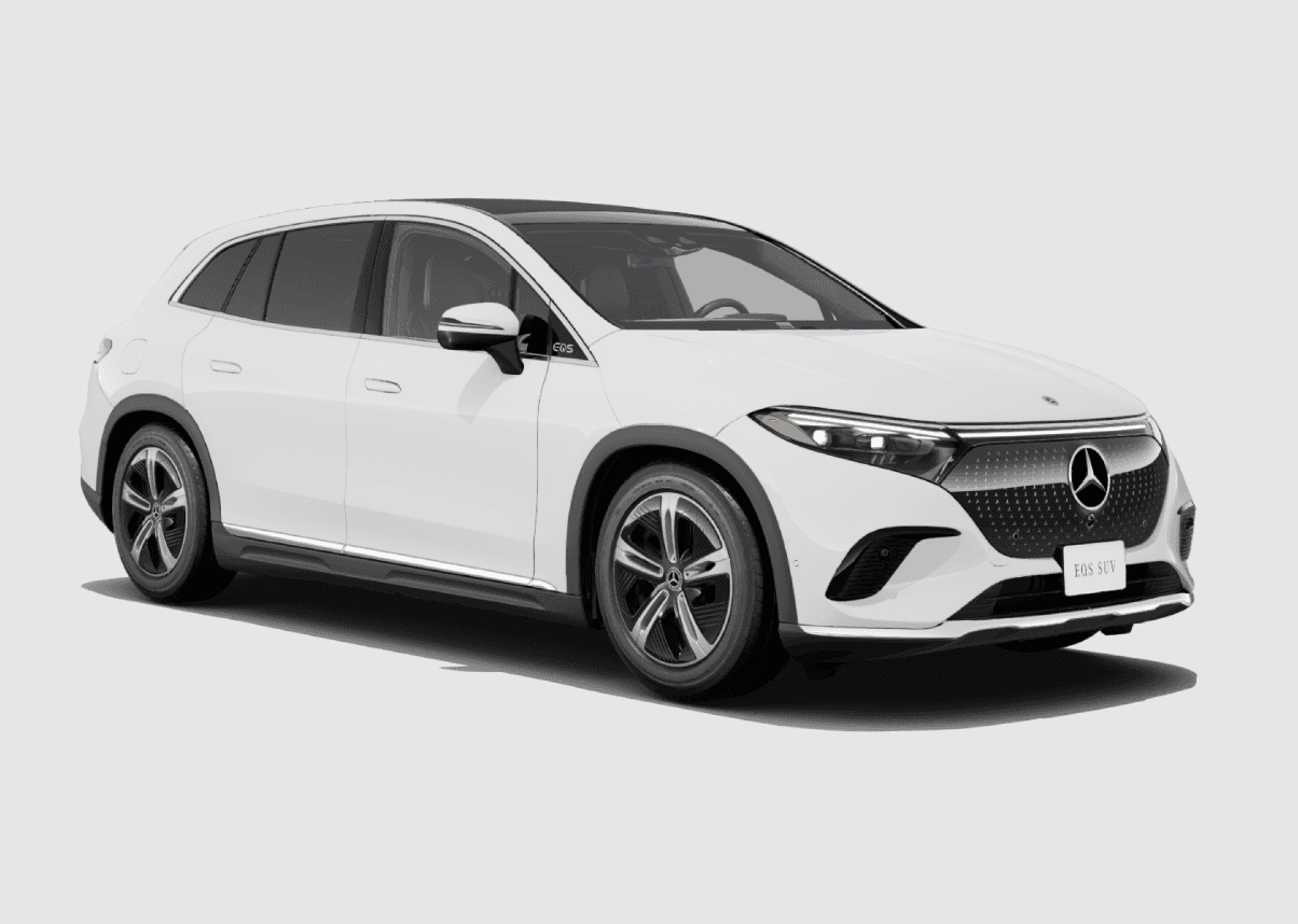 A white Mercedes-Benz EQS 450 parked in a white room.