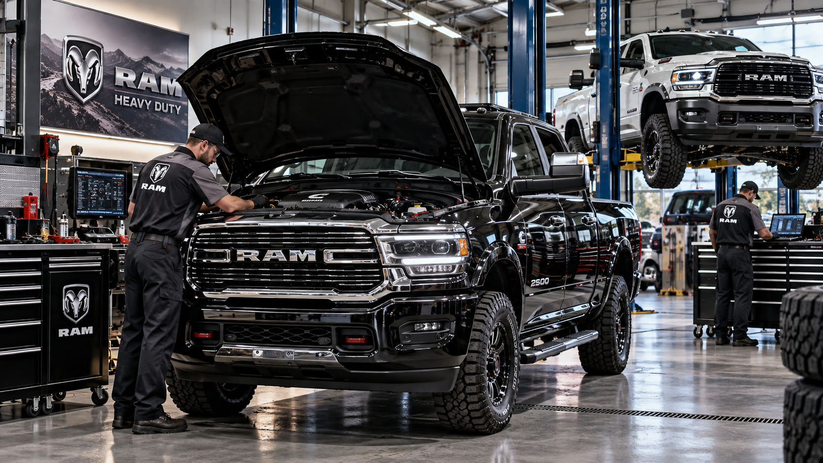RAM 2500 and RAM 3500 heavy-duty trucks being serviced by diesel technicians at Bonham Chrysler in Bonham, TX