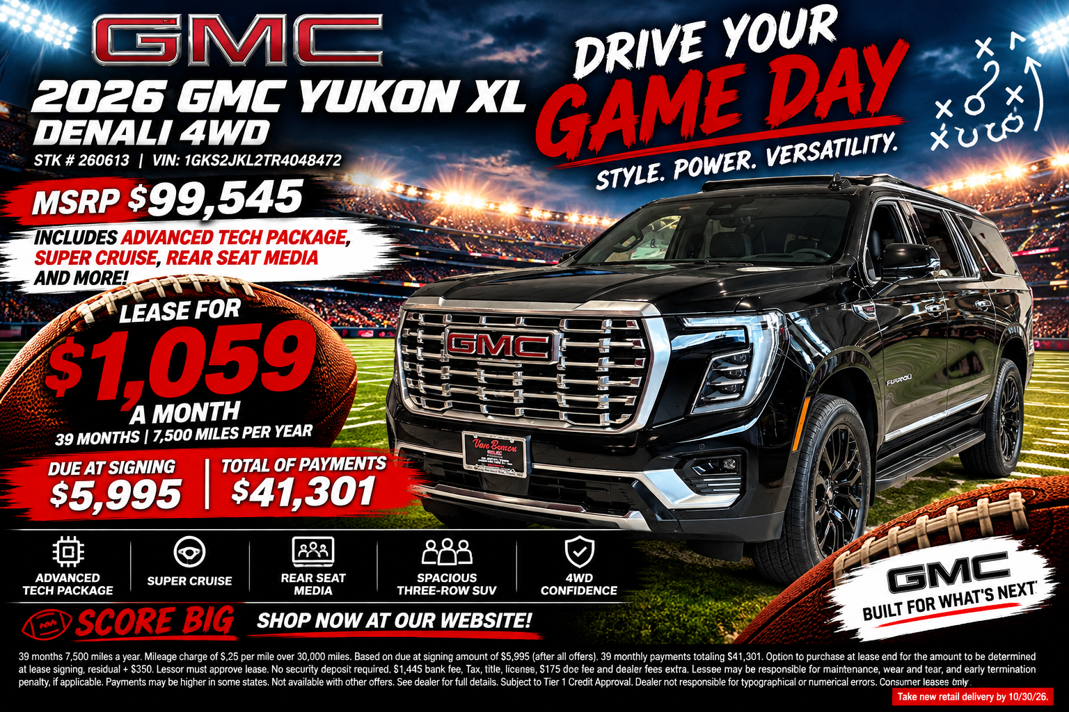 Advertisement for a black 2026 GMC Acadia Elevation AWD (previous loaner special lease), stock #260351: leased for $499 a month for 36 months at 7,500 miles a year, MSRP $50,825, with Elevation Premium package, no termination fee at maturity, from Van Buren GMC