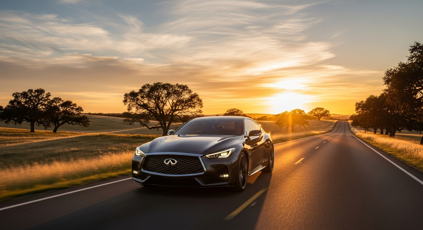 Luxury SUV driving on an open road at sunset