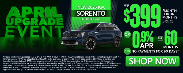 2026 Kia Sorento Hybrid EX AWD	"LEASE FOR $399/MO with $3,999 due at signing* OR 0.9% APR for 60 months** PLUS, NO PAYMENTS FOR 90 DAYS***"