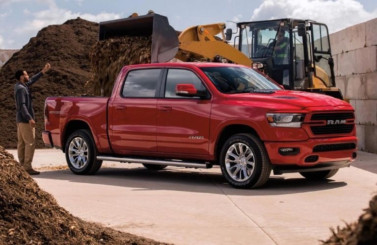 Red 2021 Ram 1500 on a Jobsite