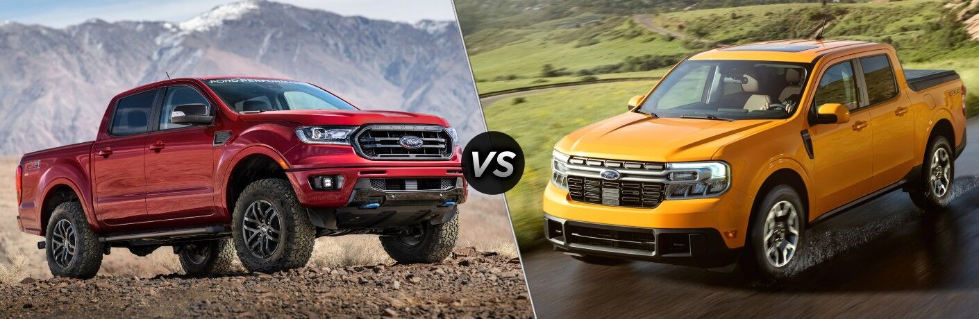 Red 2022 Ford Ranger Front on a Rocky Trail vs Gold 2022 Ford Maverick Front on a Country Road