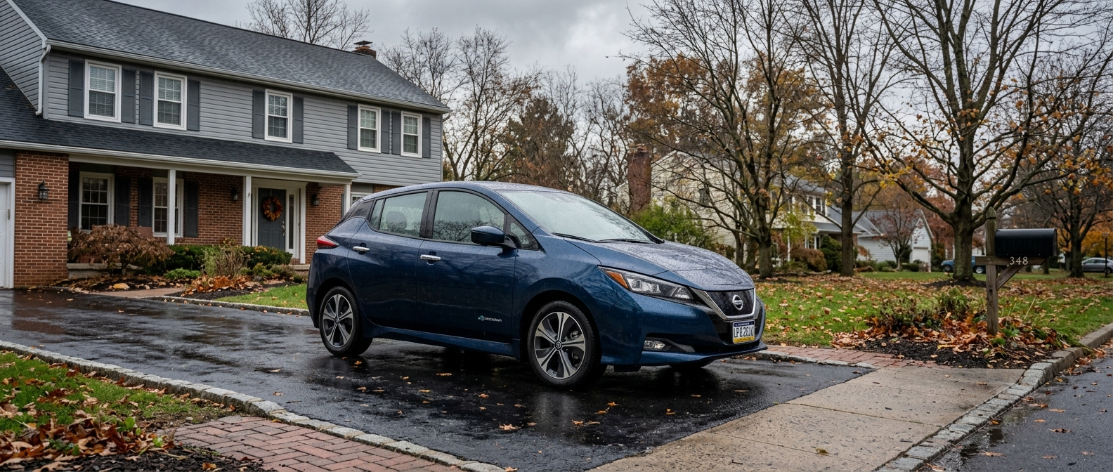 2026 Nissan LEAF in a Bucks County suburban driveway on a cold fall morning before winter tire swap