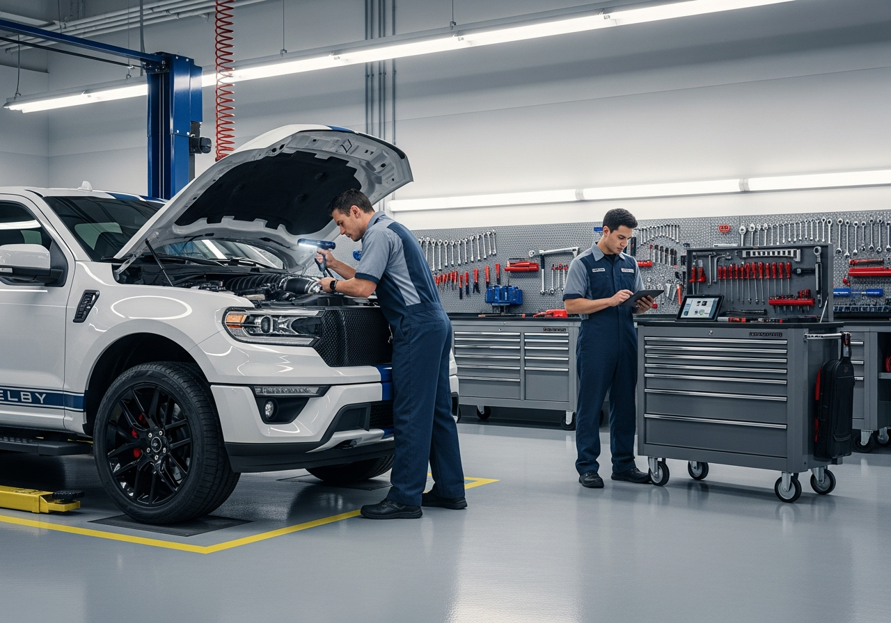 Certified technicians servicing a performance truck in a service bay