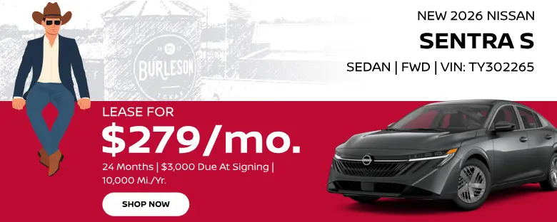 Lease a 2026 Nissan Sentra for $279/month, 24 months, $3,000 due at signing, 10,000 miles per year.