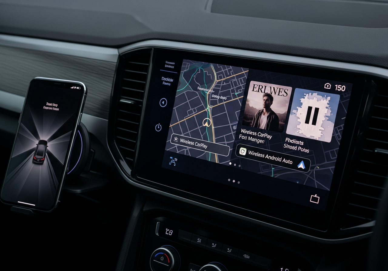 Close-up of modern SUV infotainment screen and digital gauges
