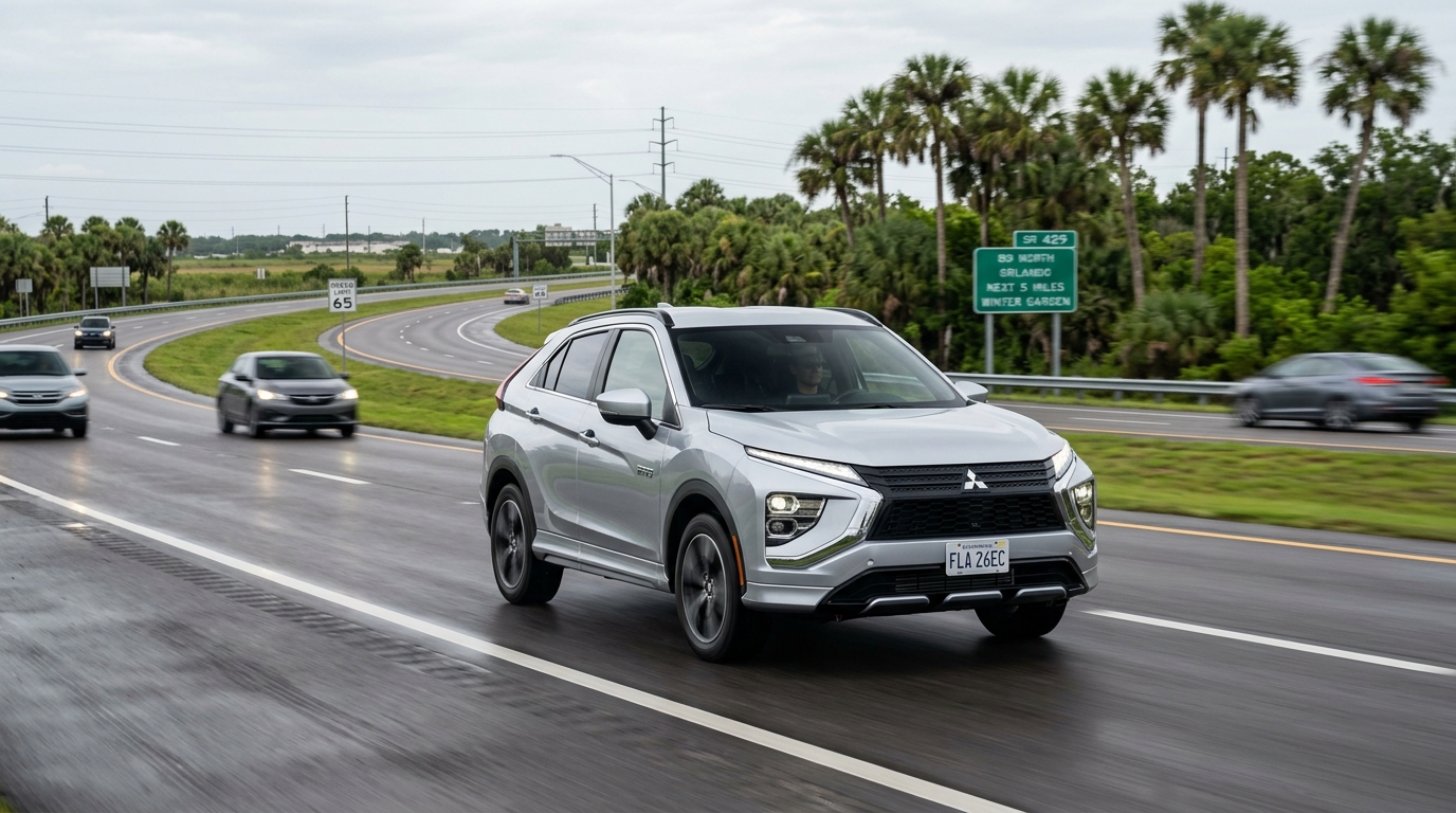 Silver Mitsubishi Eclipse Cross SUV driving on a Florida highway surrounded by palm trees and traffic. (Representative image for illustration purposes only. Actual vehicle may vary based on trim and configuration.)