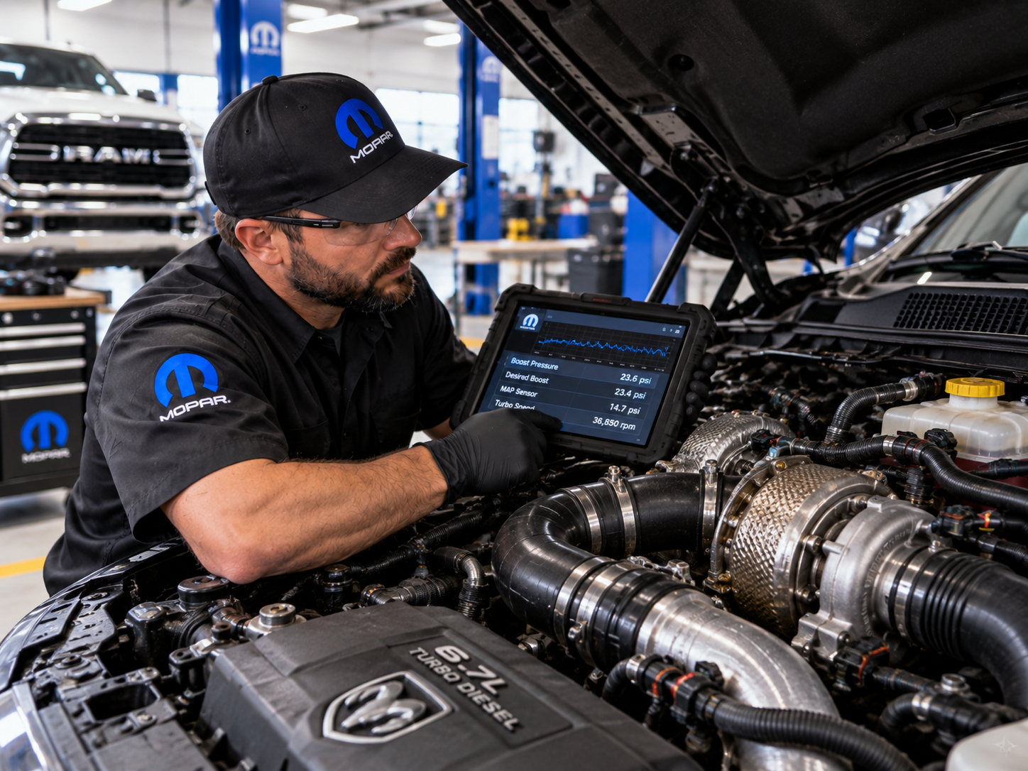 Technician diagnosing turbo boost and diesel performance on a 6.7L Cummins RAM truck using a diagnostic scan tool