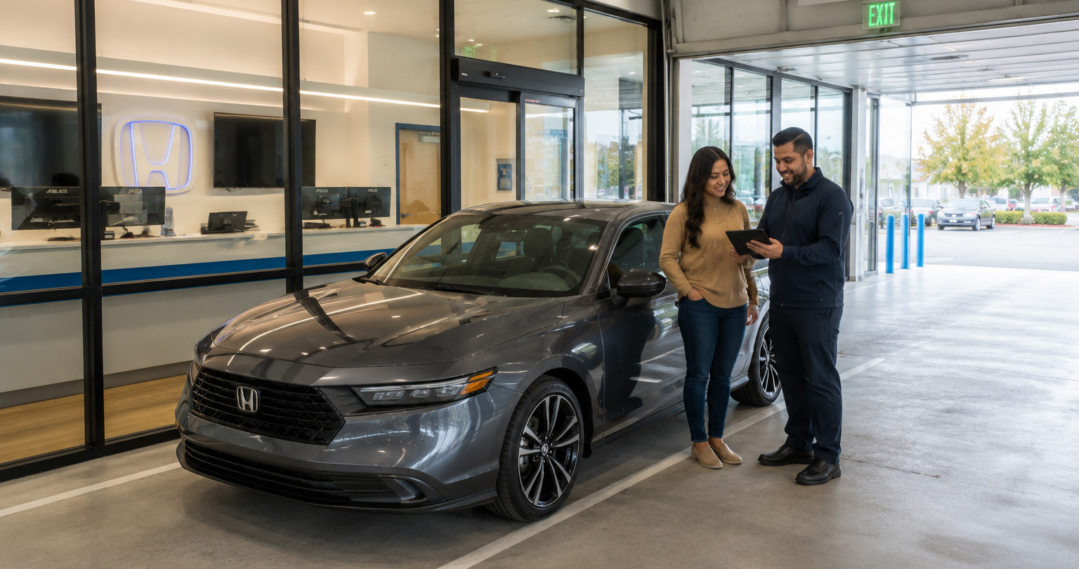 2026 Honda Accord service appointment at a Honda dealership service drop-off lane, with a customer reviewing maintenance details on a tablet alongside a service advisor while the service reception desk and Honda branding are visible in the background.