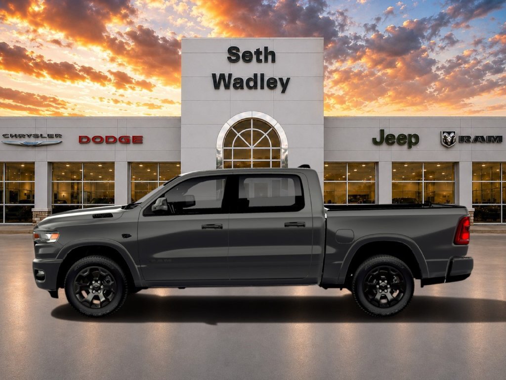 Ram pickup photographed from the side in dealership inventory