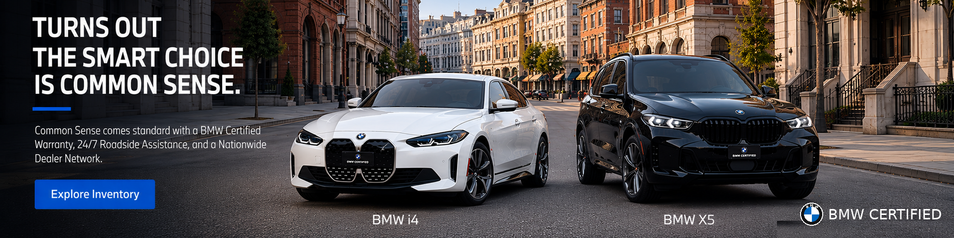 BMW i4 and BMW X5 parked on a city street.