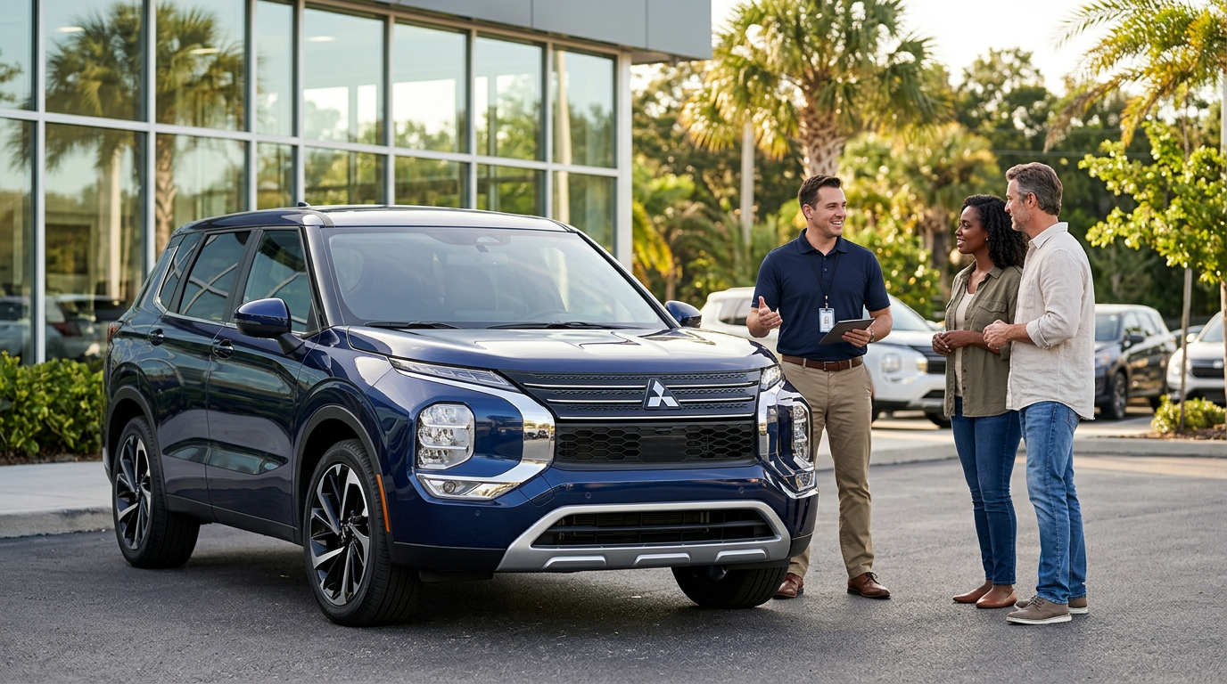A dealership representative holding a tablet talks to a couple next to a dark blue Mitsubishi Outlander SUV. (Representative image for illustration purposes only. Actual vehicle may vary based on trim and configuration.)