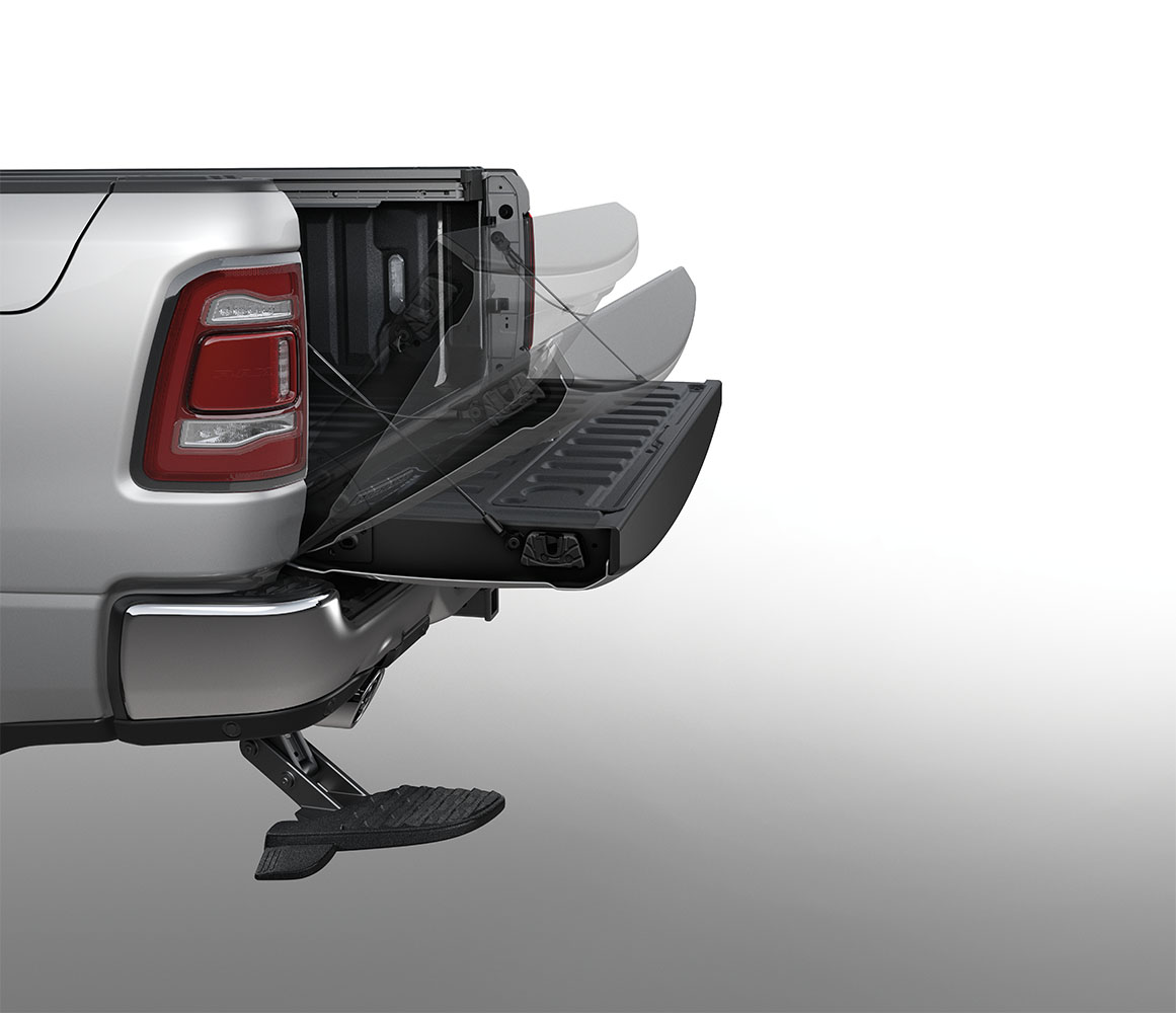 Rear view of a Ram truck with the tailgate step extended