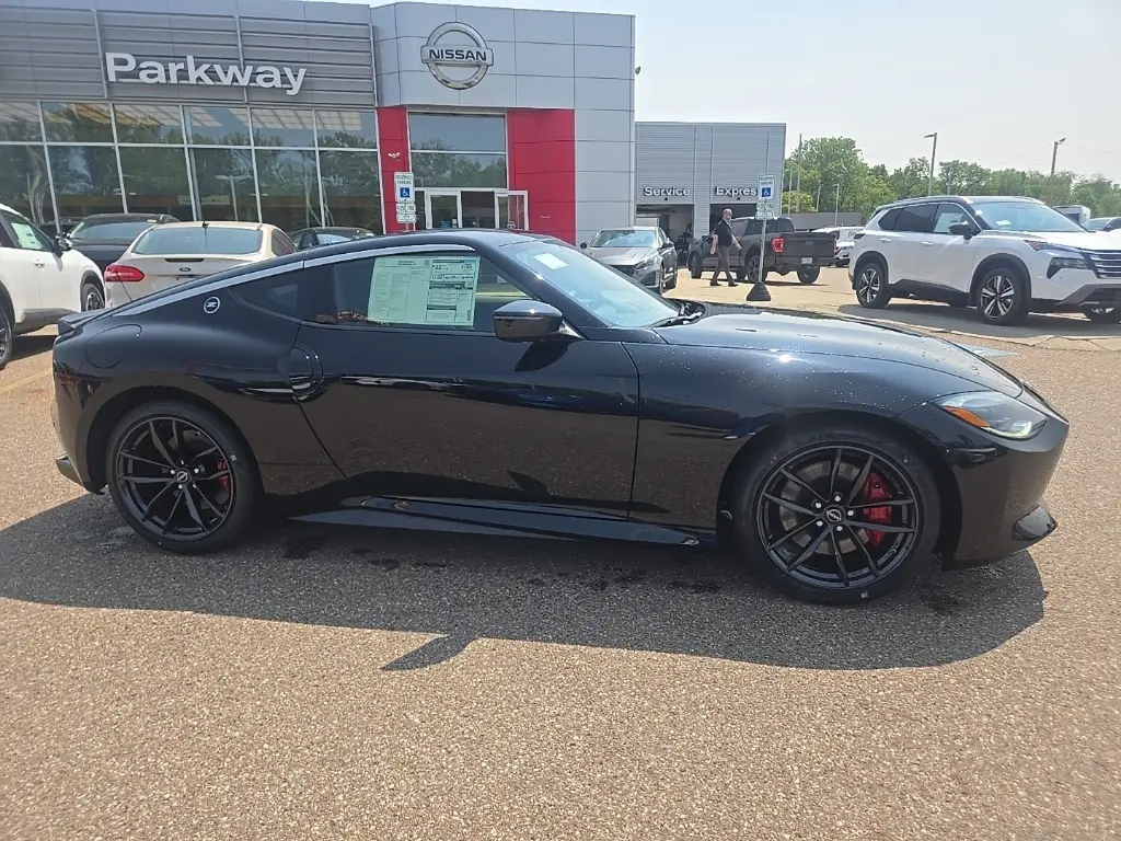 black 2026 Nissan Z sports car parked at the Parkway Nissan dealership in Dover, OH