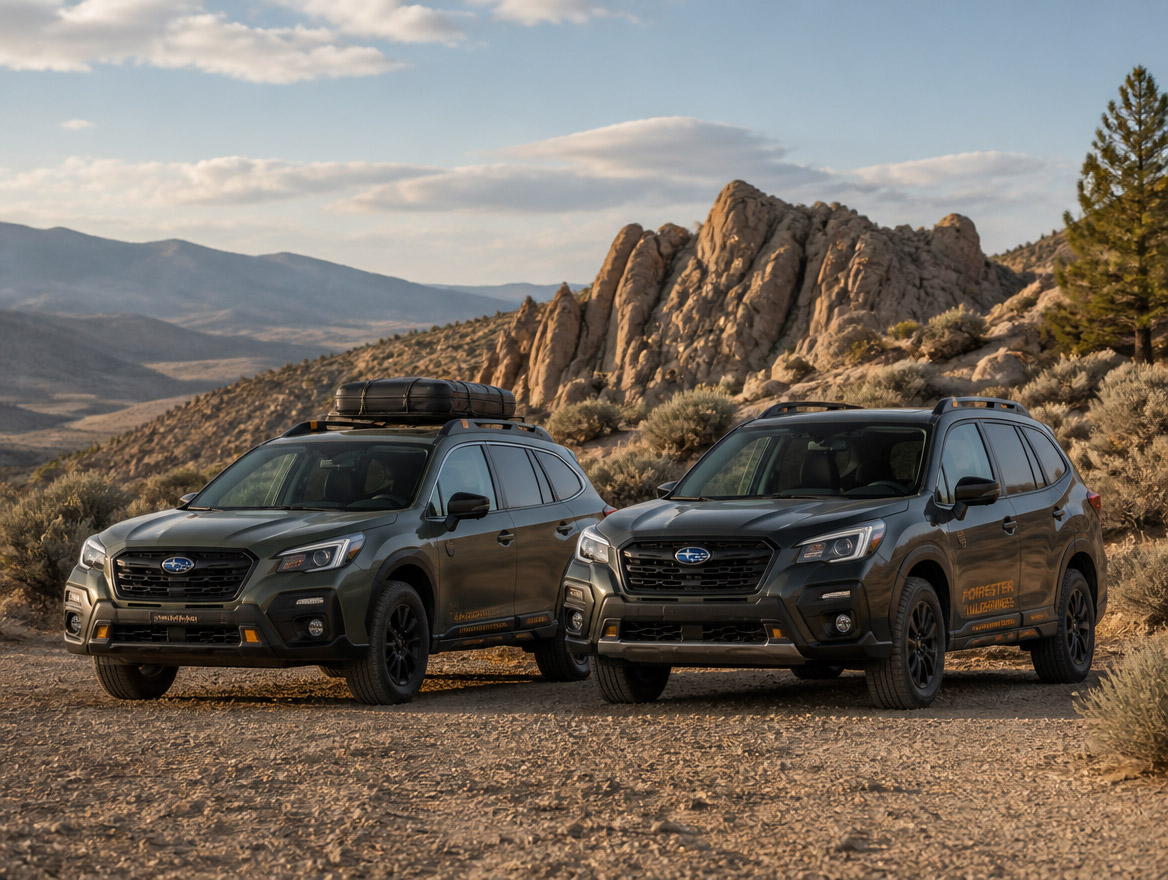 Subaru Outback Wilderness and Forester Wilderness on a southern Idaho dirt road near City of Rocks