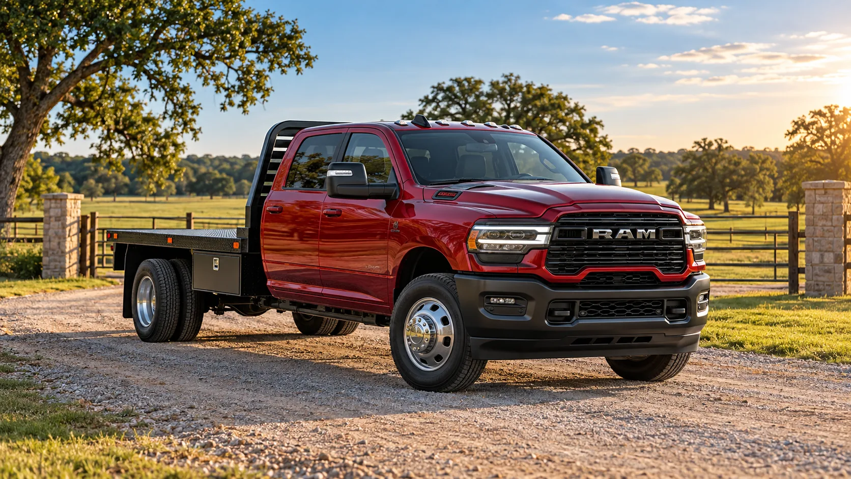 Illustration of a red RAM chassis-cab truck with a black flatbed at a ranch entrance