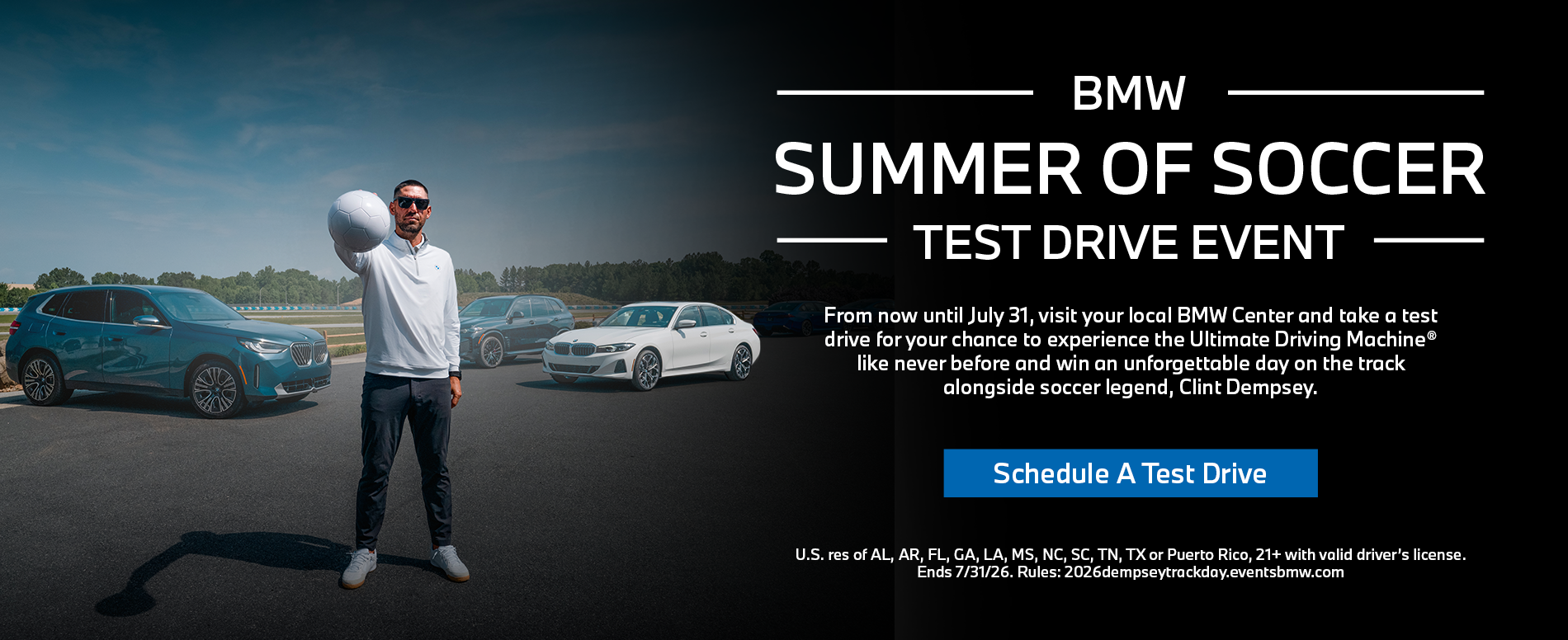 Clint Dempsey standing in front of the BMW X3, X5, & 3 Series on a test track.