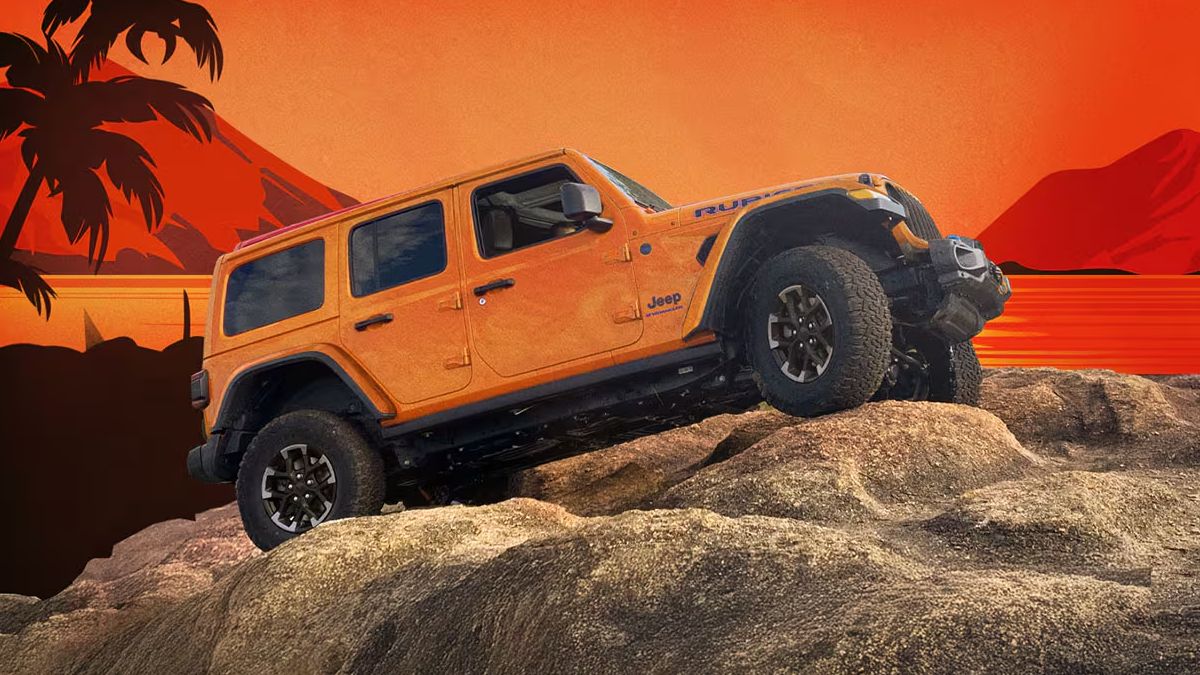 2025 Jeep Wrangler Exterior Passenger Side Front Profile while Rock Crawling Up