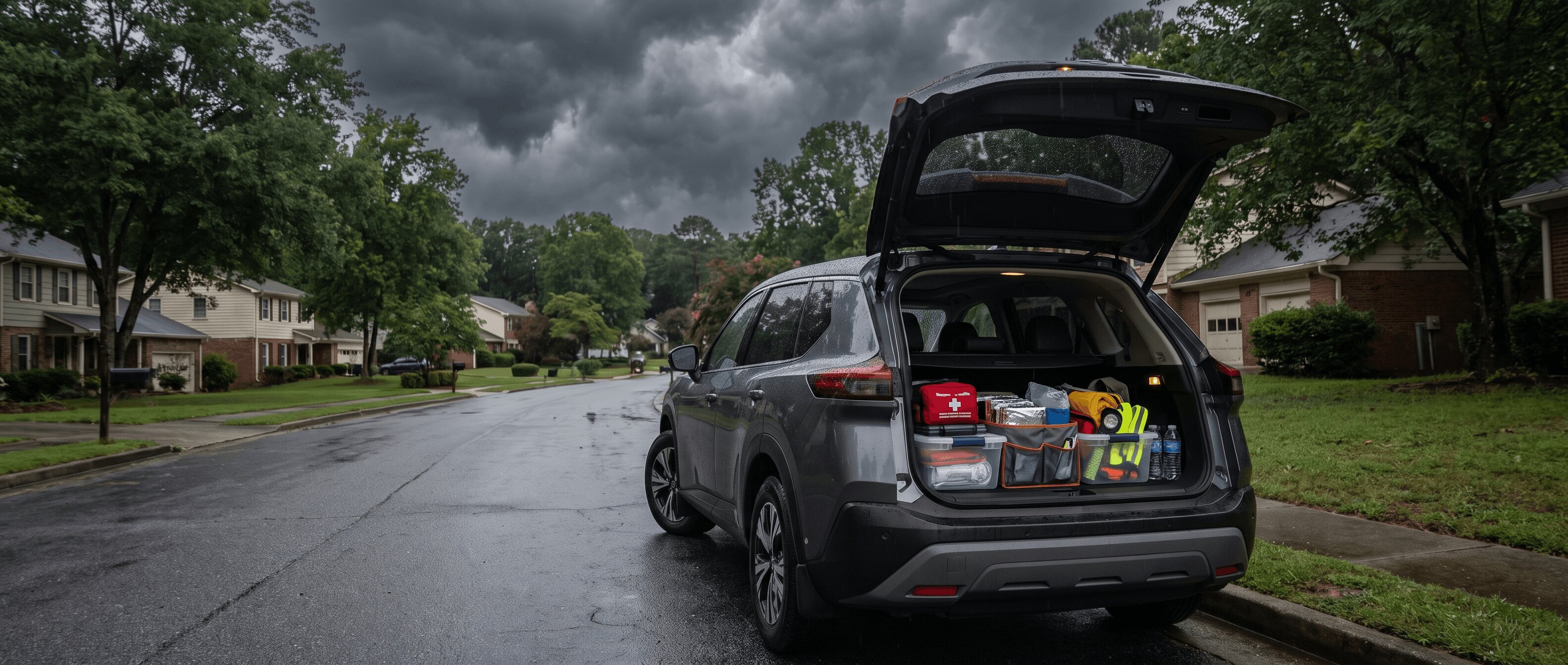 2026 Nissan Rogue with open cargo area showing storm emergency kit on a rainy Roswell GA street