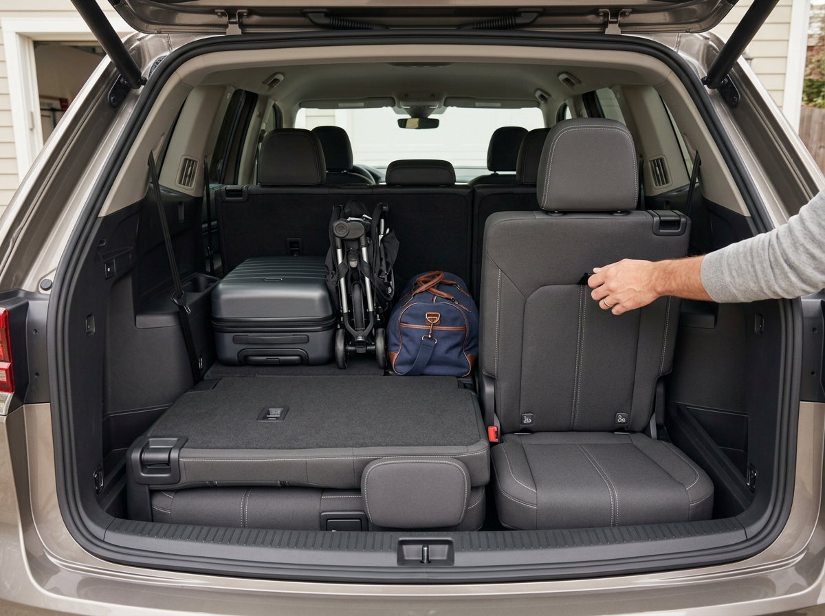Fold-flat third-row seats in a modern family SUV showing flexible cargo space