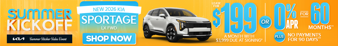 NEW 2026 Kia Sportage LX FWD	"LEASE FOR $199/MO with $3,999 due at signing* OR 0% APR for 60 months** PLUS, NO PAYMENTS FOR 90 DAYS***"